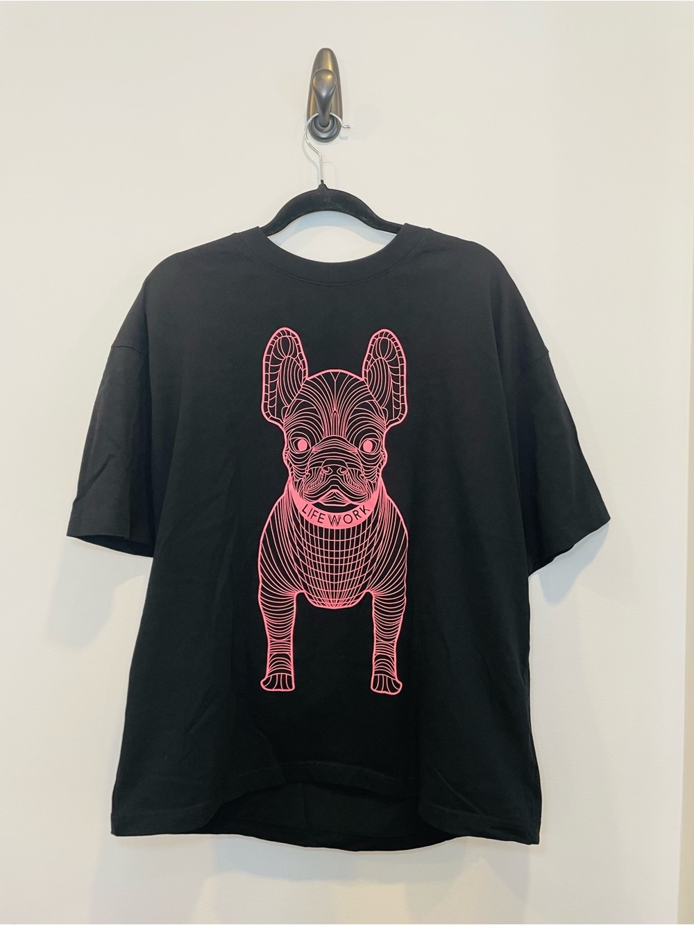 Black Short-Sleeve Tee with Pink French Bulldog Graphic